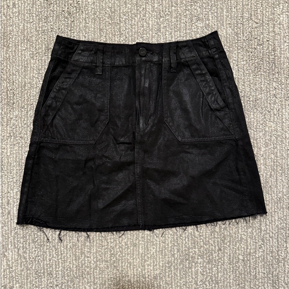 Paige Black Denim Mini Skirt Raw Hem Utility Pockets Size 27 - Picture 3 of 6